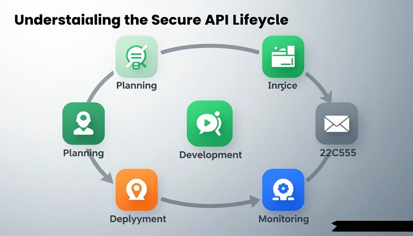 Circular diagram with icons for planning, development, deployment, and monitoring phases in API lifecycle.