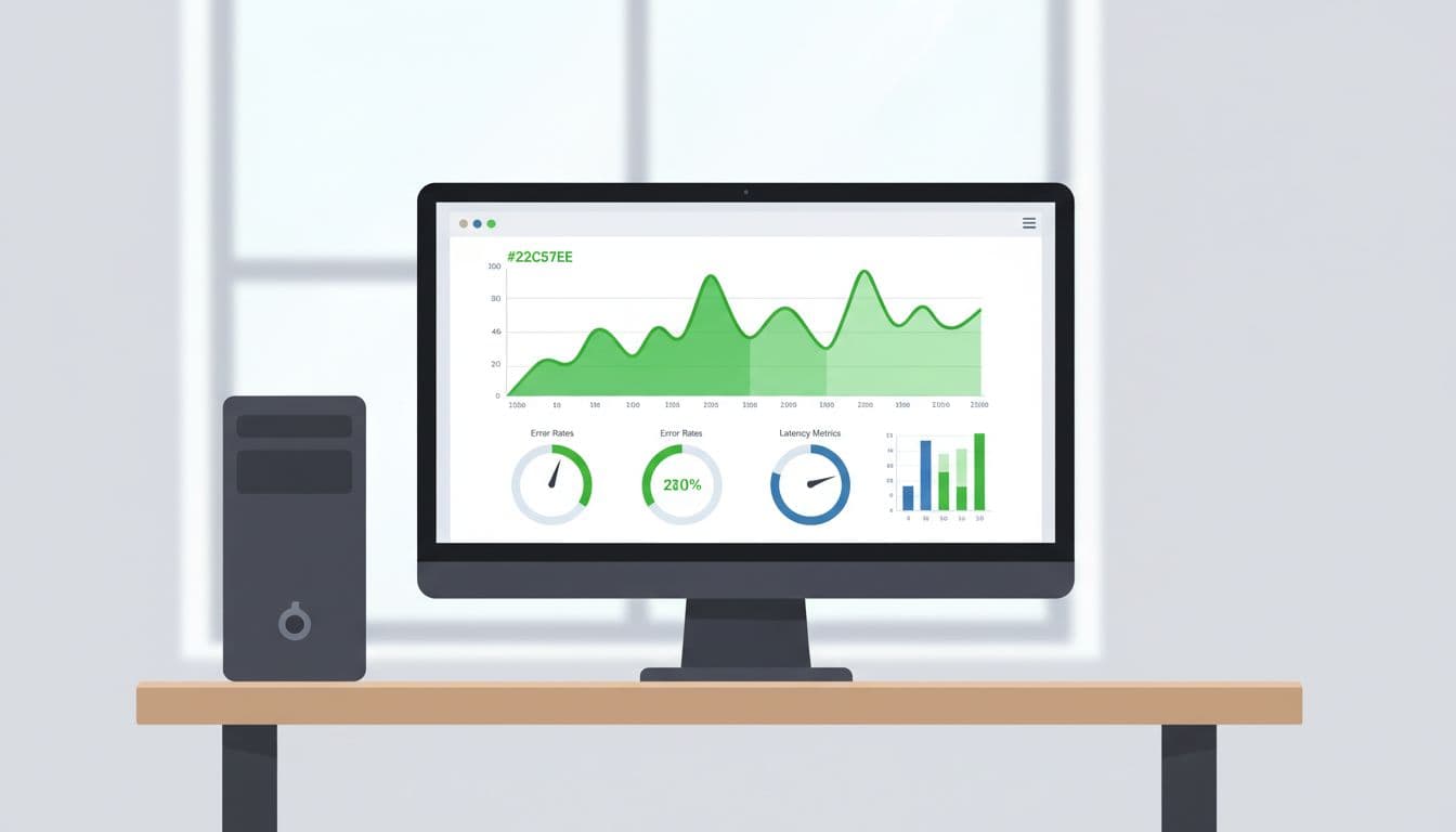 Desktop computer screen displays API dashboard with uptime graph, error rates, and latency metrics in green indicators.