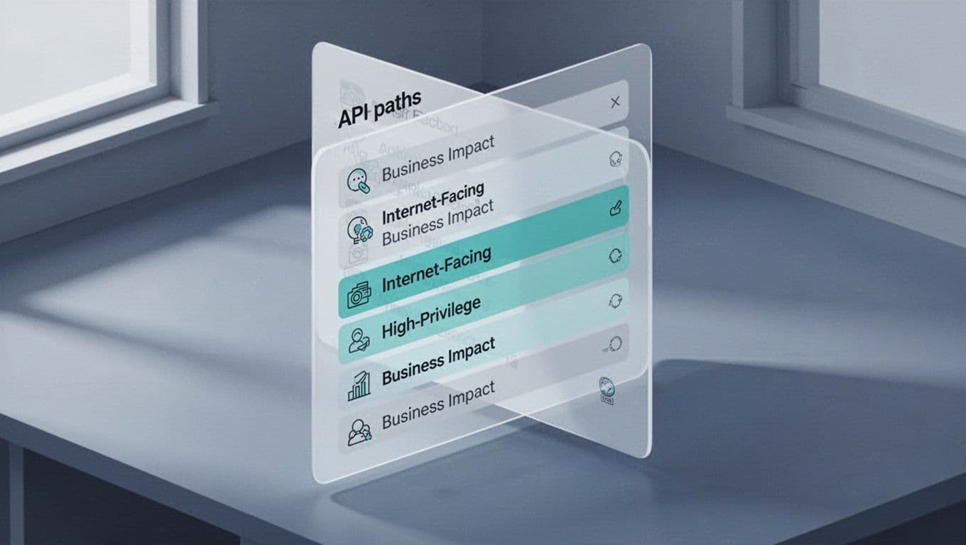 Isometric dashboard shows vertical list of API paths with green highlights on high-risk ones and business impact icons in blue-gray tones.