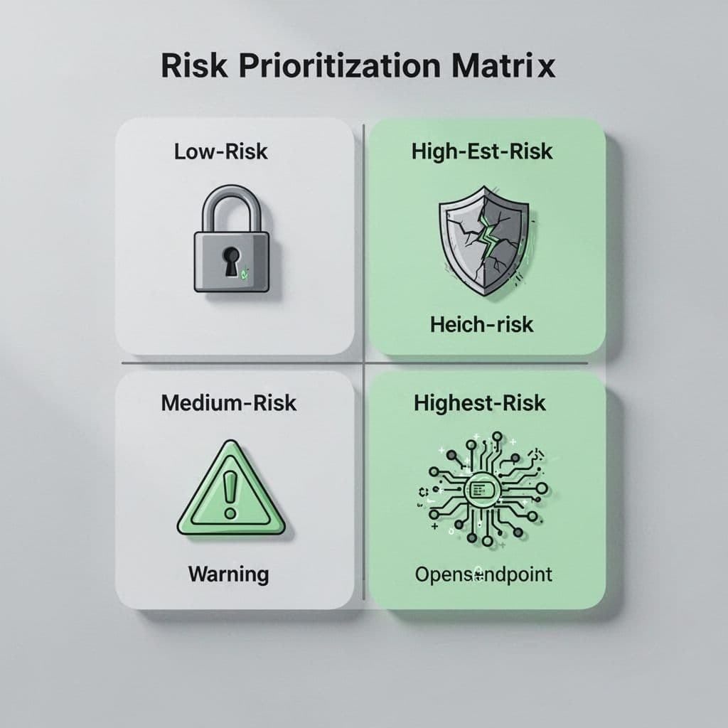 Four-quadrant matrix with icons for low-to-high risks: locked API in safe zone, open endpoint with data leak in high risk.