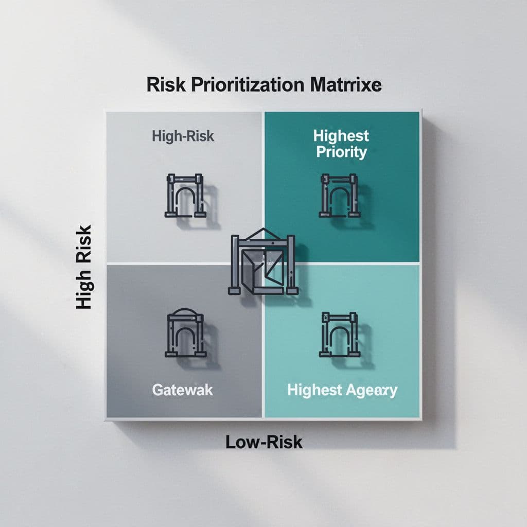 Color-coded matrix with high and low risk zones for API threats, featuring prioritized gateway icons.