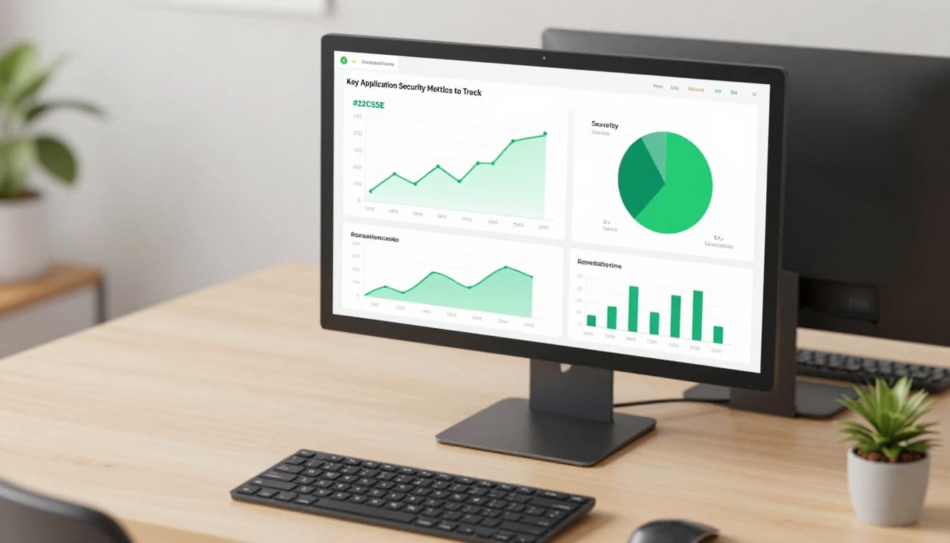 Top-down view of single monitor on office desk displaying vulnerability trend line, severity pie chart, and remediation bar graph.
