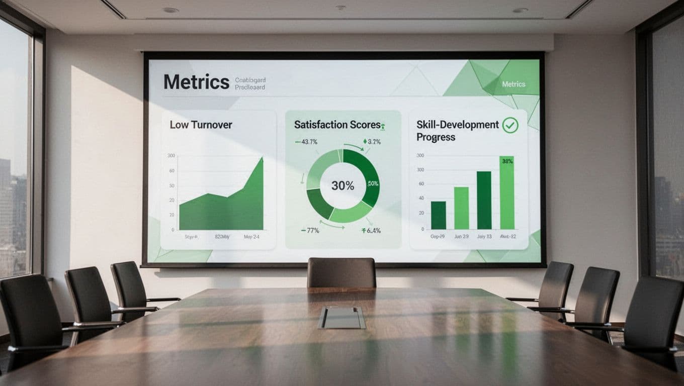 Metrics dashboard in conference room displays charts of low turnover, satisfaction scores, and skill development progress with green accents.