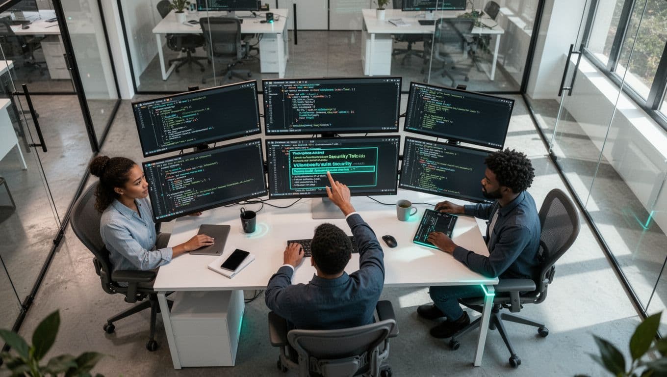 Three diverse app sec testers collaborate in modern office, reviewing code on screens as one points to vulnerability.