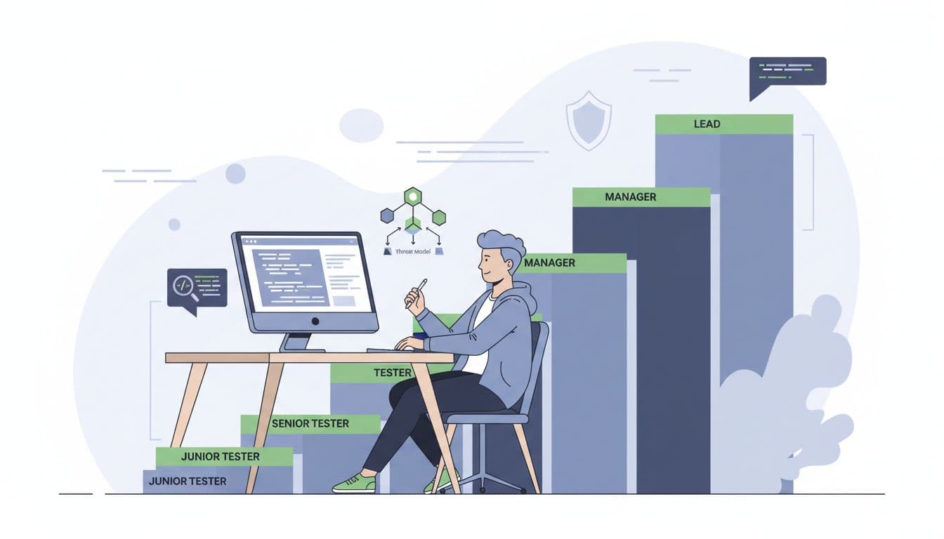 Application security tester at desk with career ladder graphic behind, from junior to lead, SAST scanner and threat model nearby.