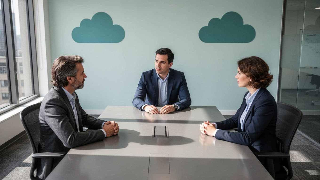 Top-down view of three people around conference table with green cloud icons on walls.