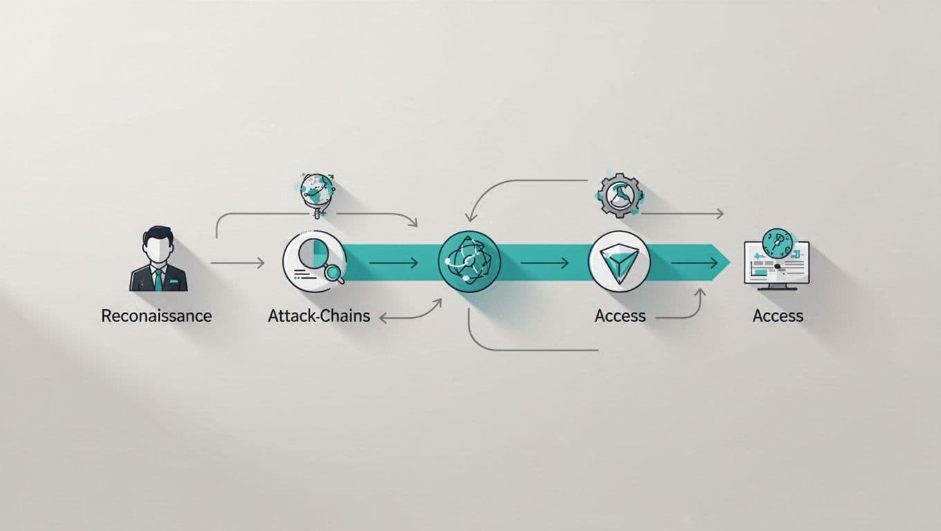 Diagram shows attack path nodes and arrows from reconnaissance to access with simple icons and green accents on neutral background.