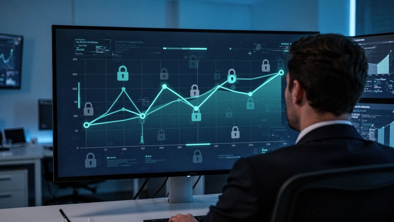 Large monitor shows digital dashboard with audit trail graphs and data in control room, analyst seated from behind.