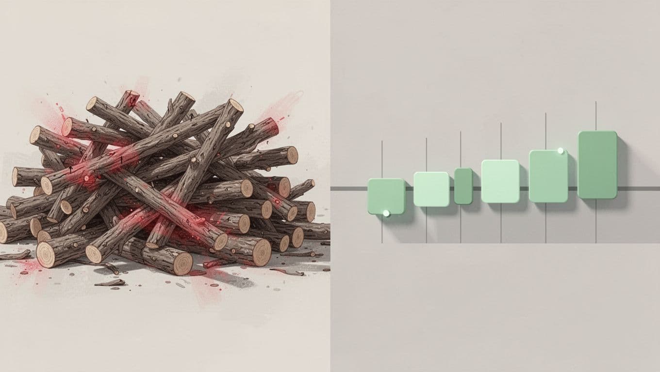 Left side depicts messy tangled logs with red error icons; right side shows clean organized timeline with green checkmarks.