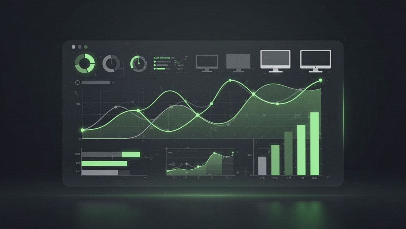 A clean dashboard interface displays graphical monitoring data with highlighted green accents and organized icons.