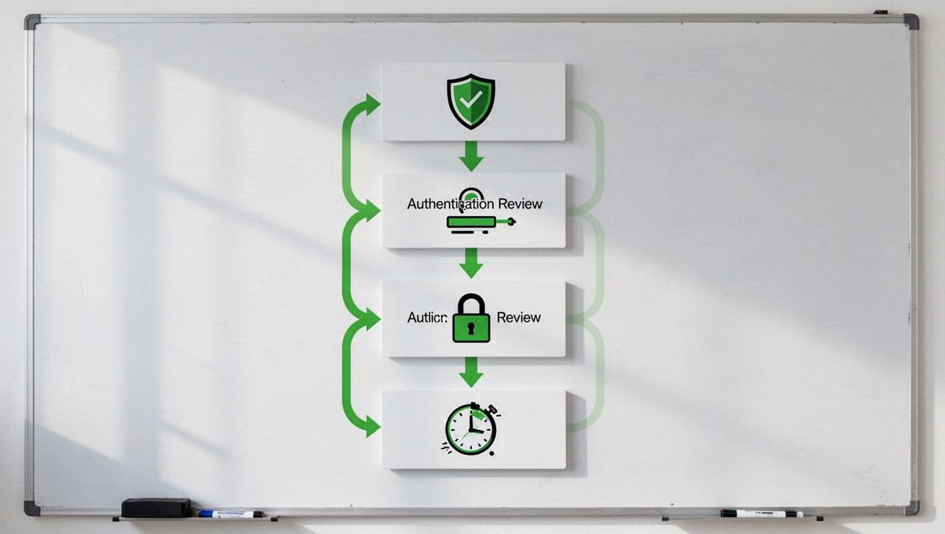 Vertical flowchart on whiteboard background shows auth review steps with security icons and green arrows.