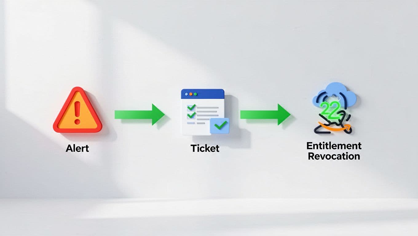 Horizontal sequence of icons connected by green arrows shows CTEM alert triggering IAM ticket to revoke stale entitlement in Entra ID and AWS hybrid setup.