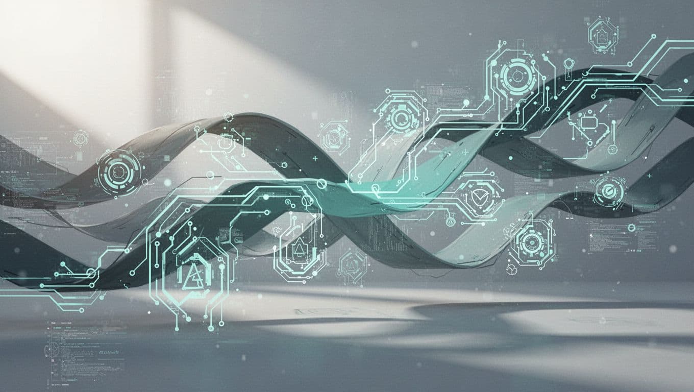 Geometric shapes and lines represent an efficient data flow and system update process.