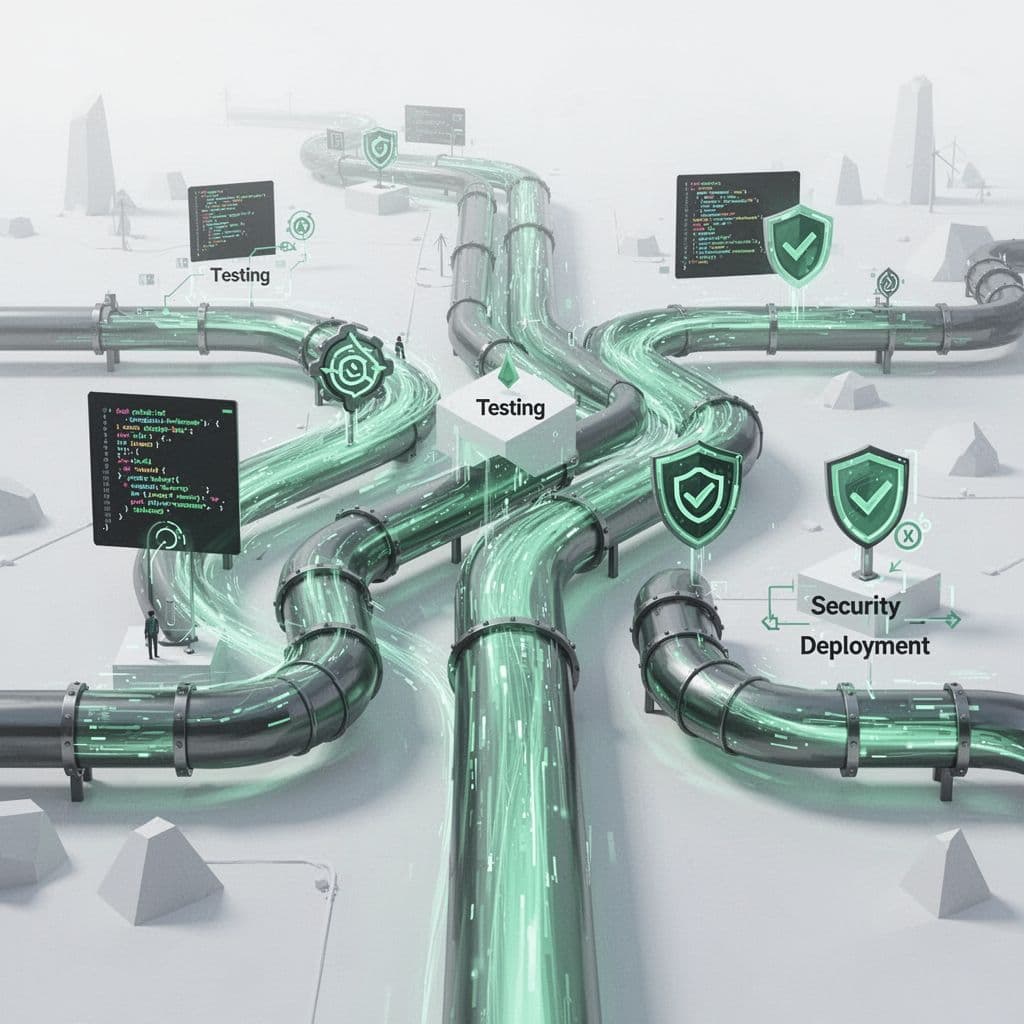 A streamlined pipeline graphic flows through development, testing, and deployment stages with green geometric accents.