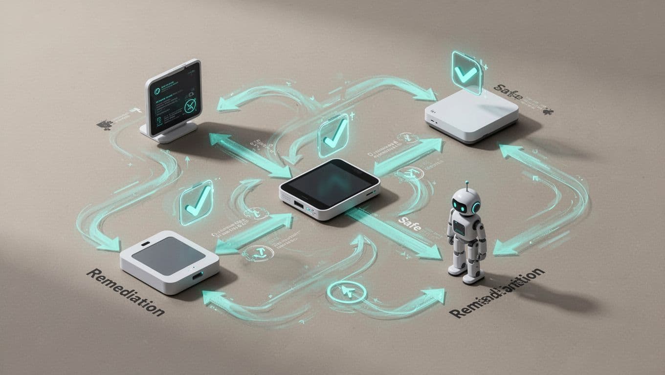 Isometric view of arrows linking device icons to validation checks and remediation bots with green highlights on safe paths.