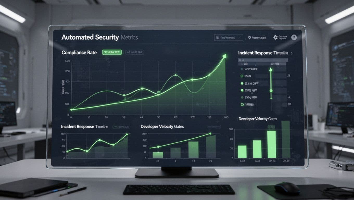Dashboard view with graphs of compliance rates, incident response timelines, and developer velocity in blue slate tones with green trends.