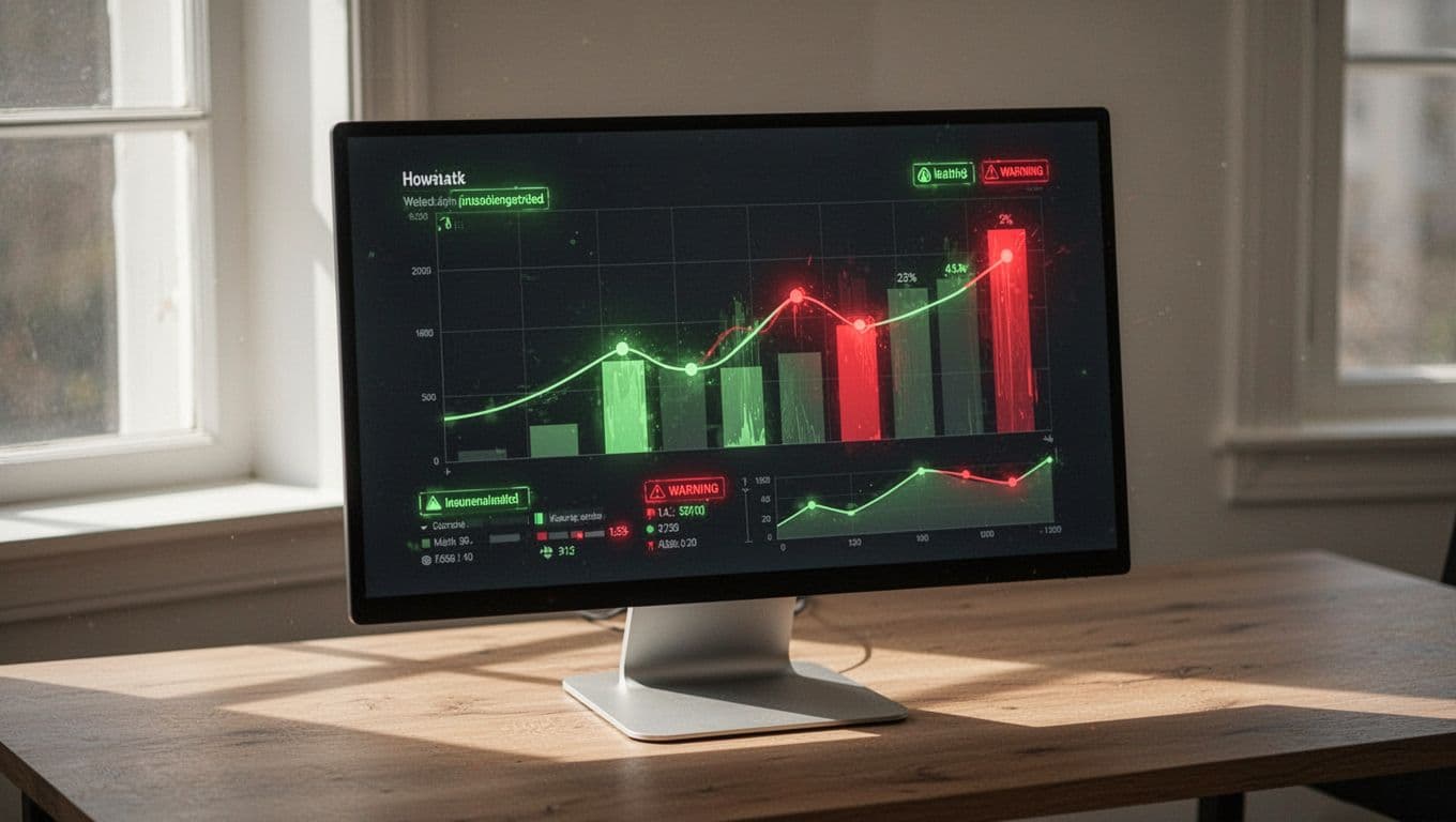 Desk monitor displays simple dashboard with green secure bucket alerts, red exposed alerts, clean graphs and charts.