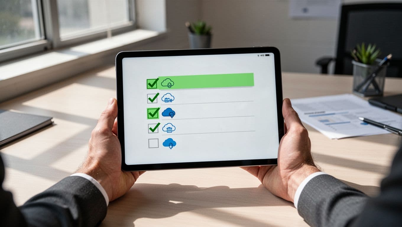 Hands hold tablet showing green checkmark checklist next to AWS S3, Google Cloud, Azure icons on office desk.