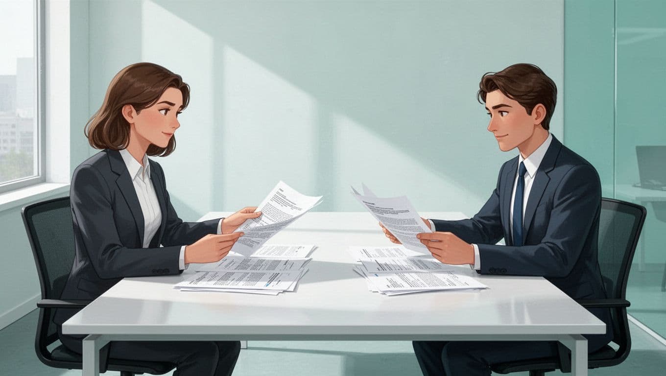 Two professionals sit across a table reviewing organized documents in a bright, modern office space.