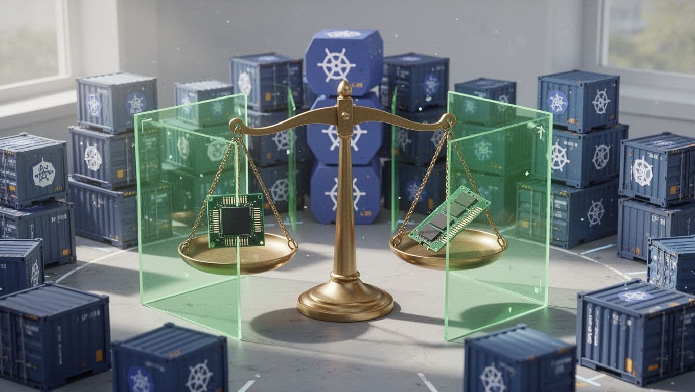 Balanced scales distribute CPU and memory icons evenly across tenant pods, green barriers prevent overflow amid Kubernetes pods.
