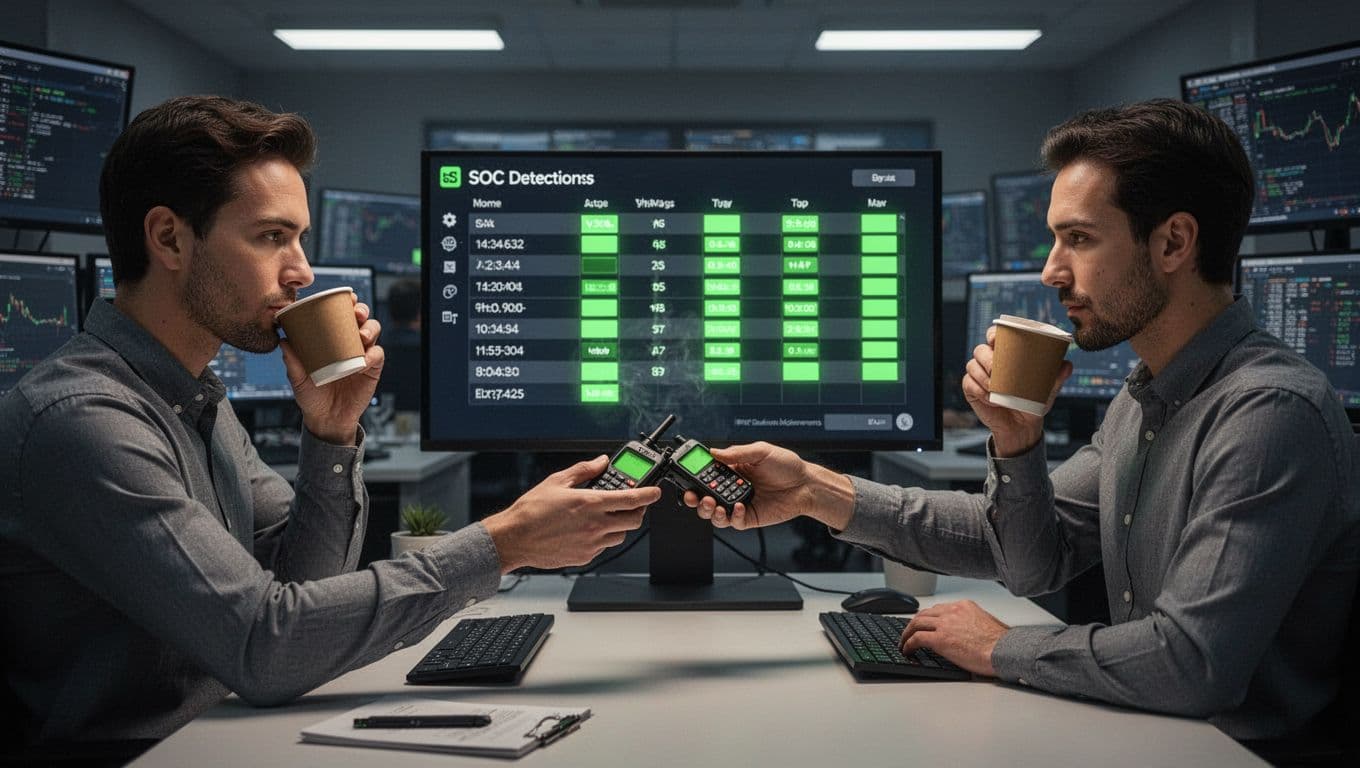 Two engineers hand off pager at desk with coffee mugs beside central dashboard showing green schedule indicators in dimly lit ops center.