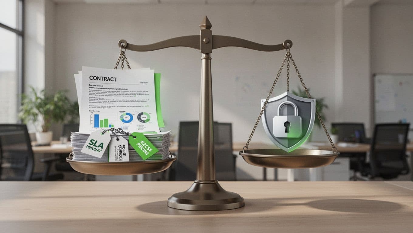 Balanced scale with contract pages, SLA metrics, and pricing tags on one side opposing security locks and shields, in neutral office setting.