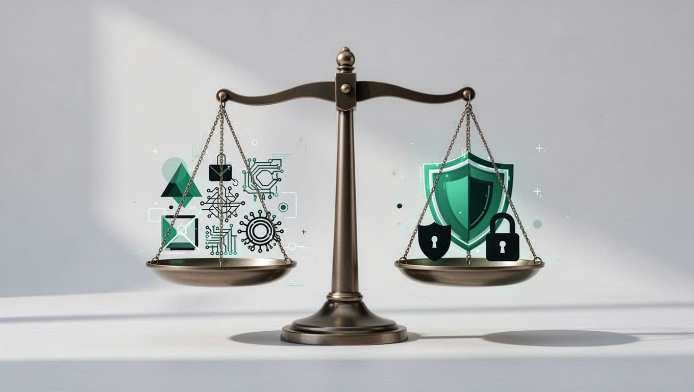 A balanced scale weighs digital tool icons against security symbols on minimalist background.