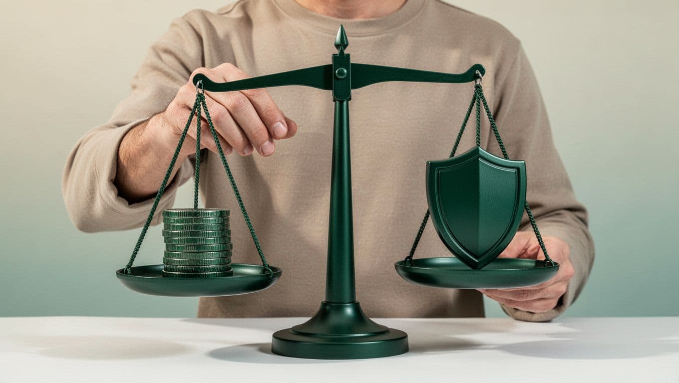 A person carefully balances a scale holding a budget sign against a security shield.