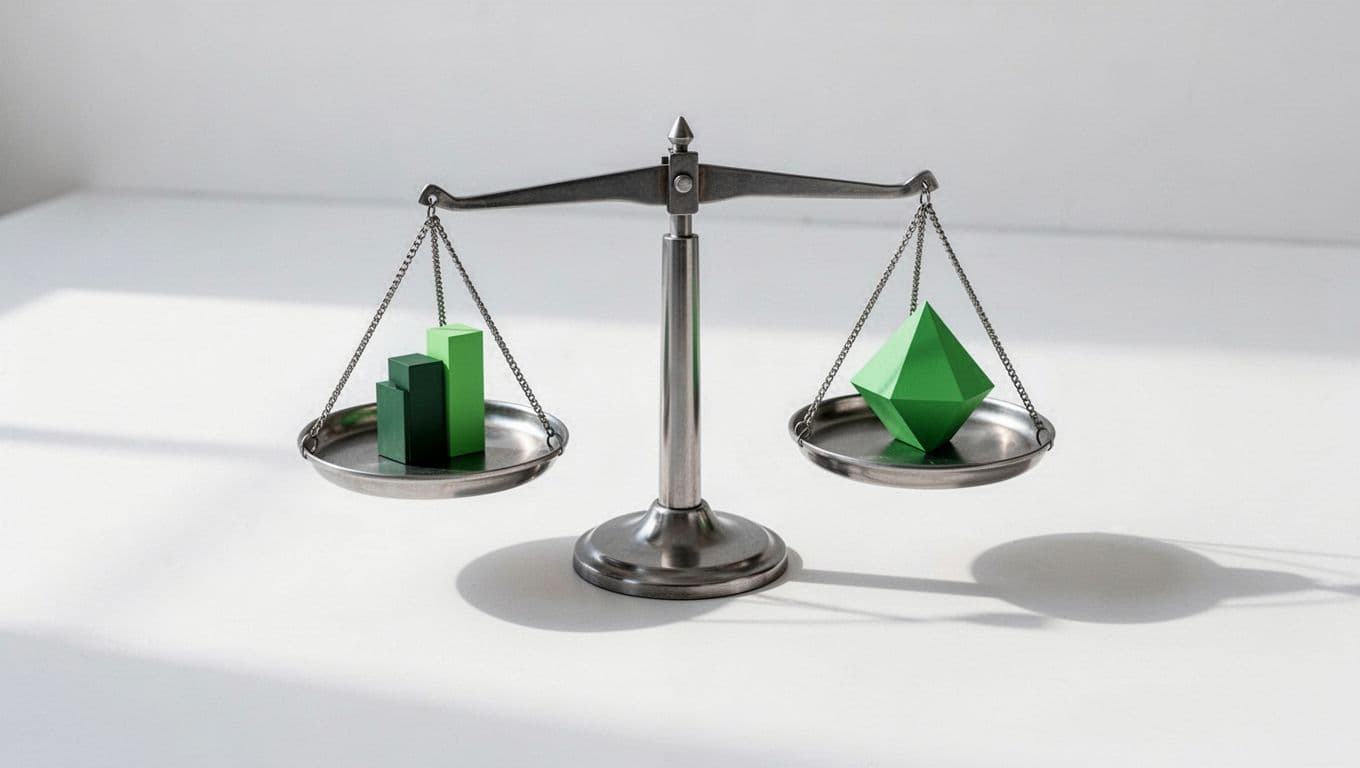 Minimalist balancing scale with elements for data volume, cost efficiency, and threat detection on white background.