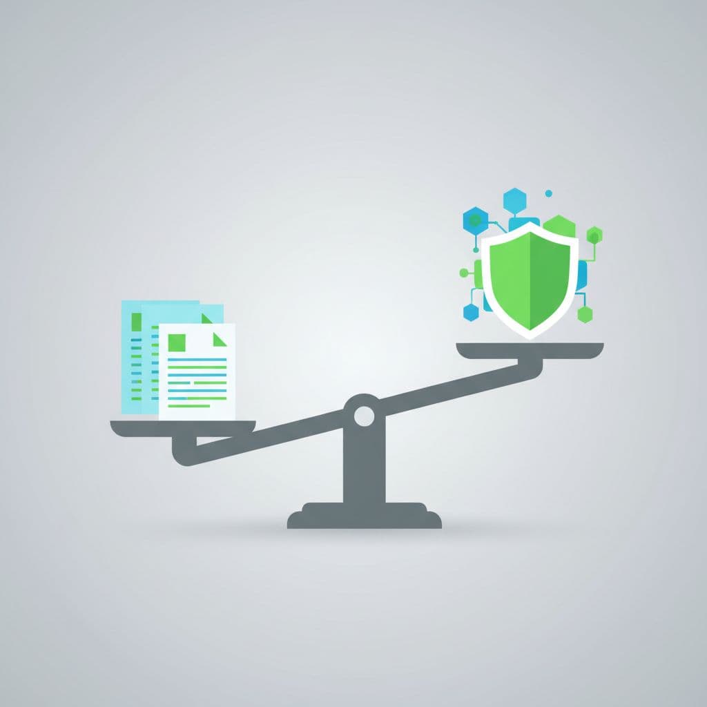 A minimalist scale balances documents and digital icons against a protective shield in professional green tones.