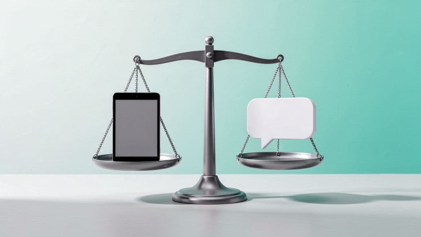 A minimalist scale illustration balances technical and communication icons using green accents on a soft background.