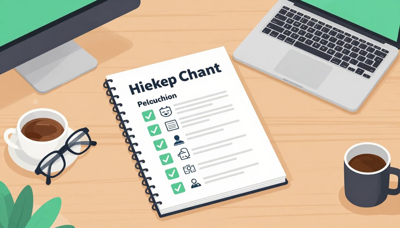 Top-down view of desk with notepad checklist showing subtle blockchain audit icons and green checkmarks, laptop, and coffee mug.