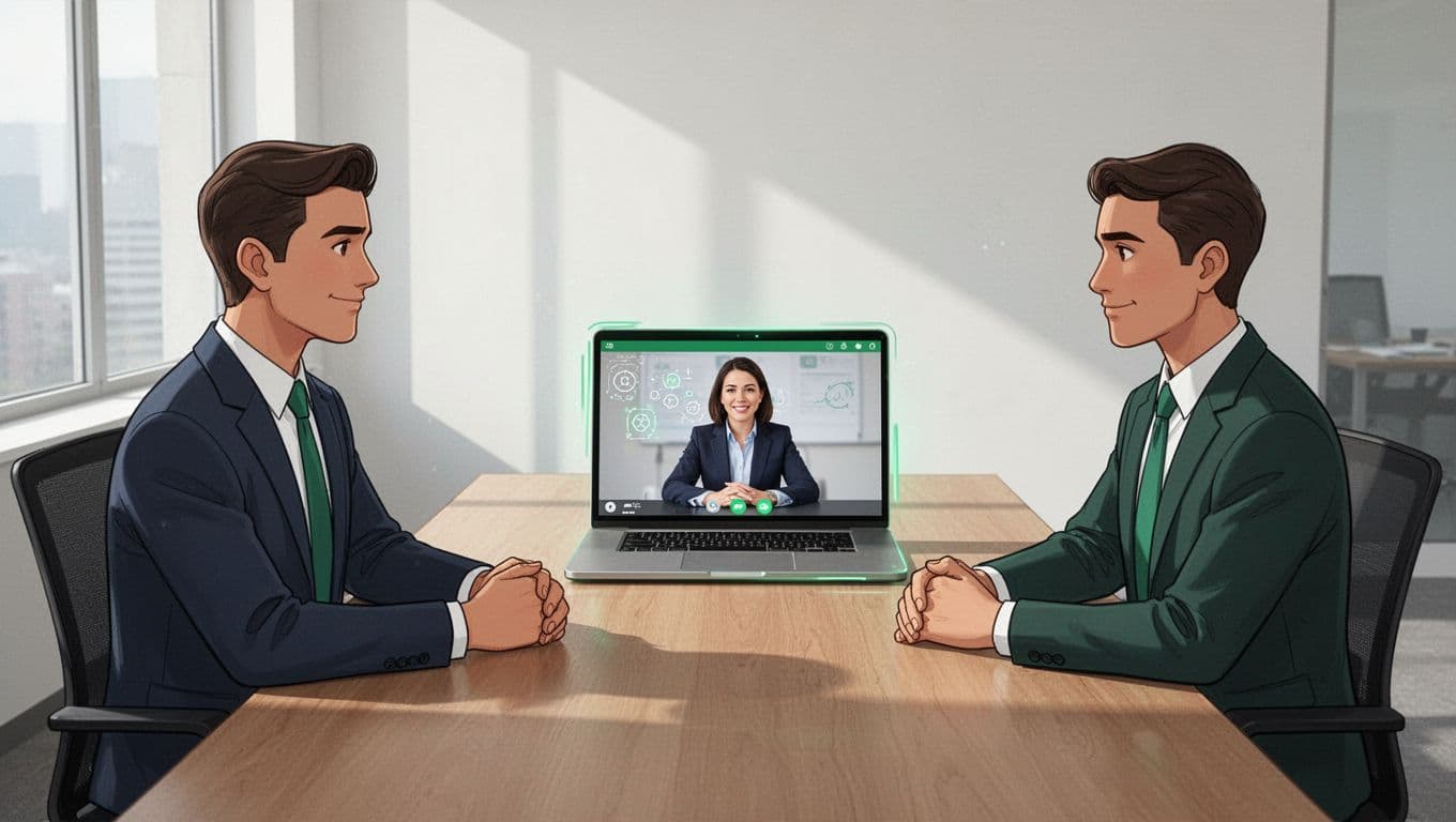 Two team members in conference room interview remote auditor on laptop screen.