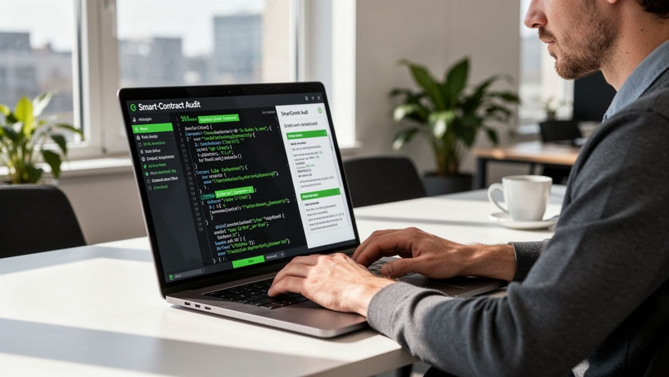 Side view of a professional examining a smart contract audit report on a laptop screen with hands on keyboard in an office.