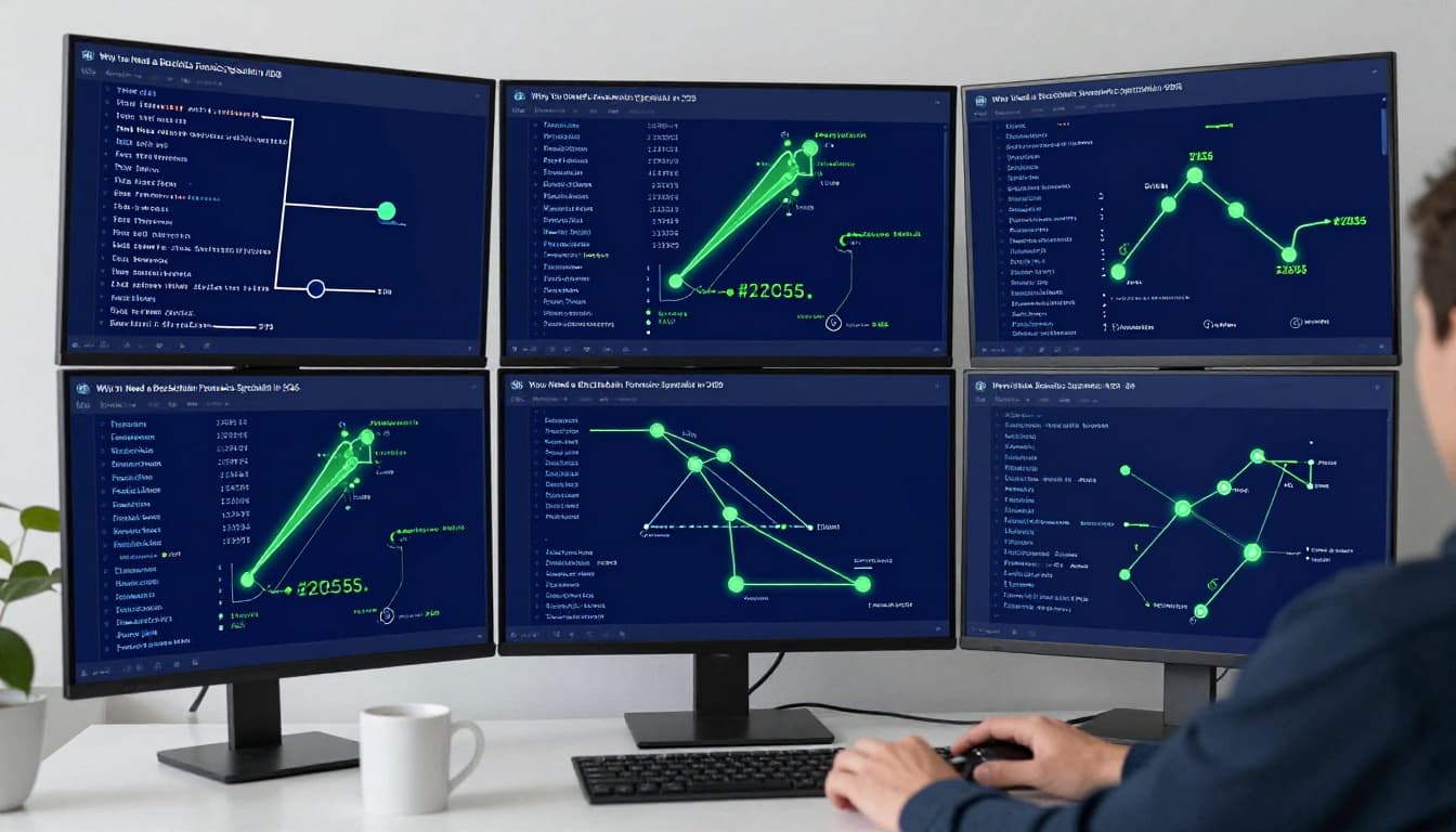 Blockchain analyst at desk with multiple screens showing interconnected transaction graphs and glowing green lines tracing fund flows across blockchains.