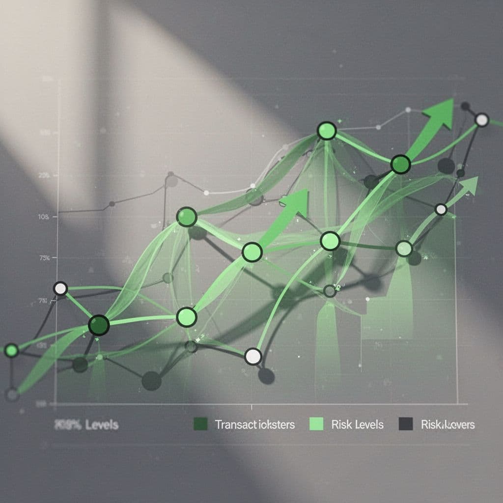 Close-up dashboard shows transaction clusters, risk scores, and graph of connected wallets with green flow arrows.