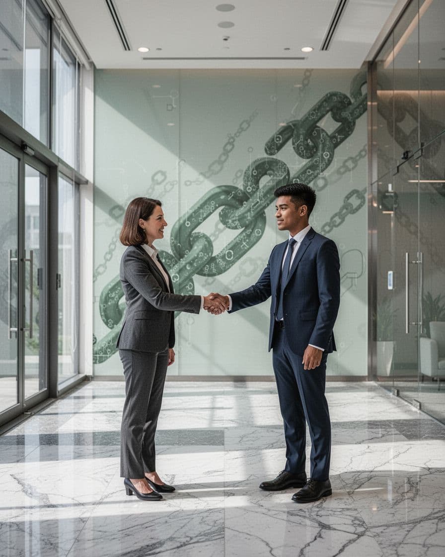 Hiring manager and blockchain forensics candidate shake hands in modern office lobby with subtle green chain links.