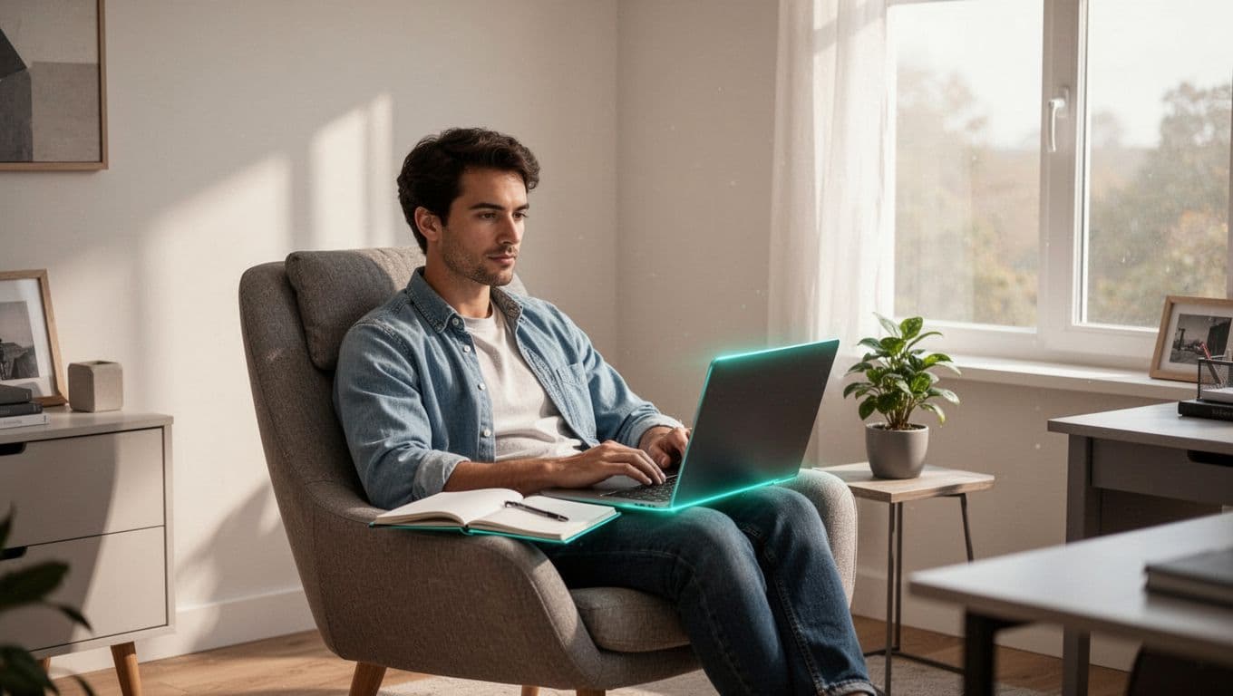 Blue team operator sits relaxed in home office attending online course on laptop with notebook open, plant nearby, and window light.