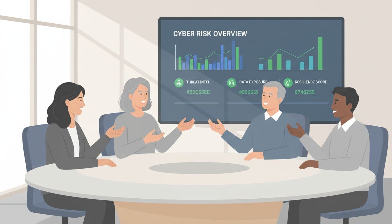 Four diverse board members discuss cyber risks around a conference table with background dashboard charts.