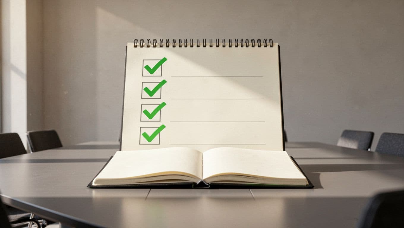 Notepad on boardroom desk shows checklist with five green checkmarks next to blank boxes.