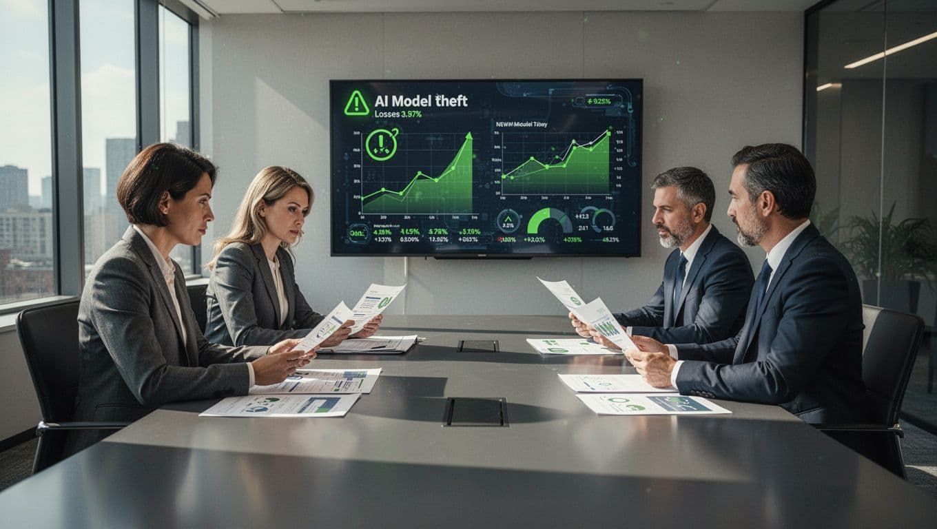 Three executives at boardroom table review AI risk documents and financial loss charts with green warning icons.