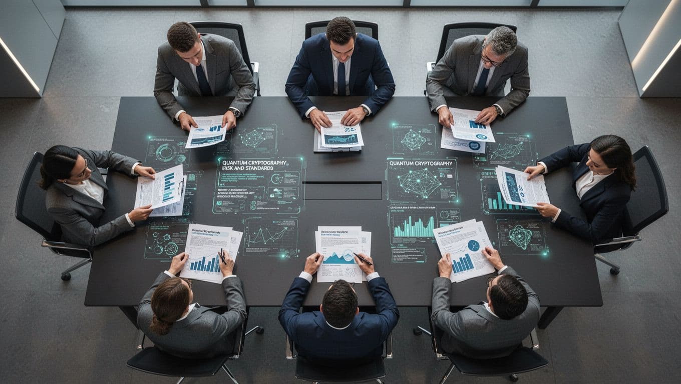 Top-down view of five executives at boardroom table reviewing risk report with charts on quantum threats, standards timeline, and vendor status.