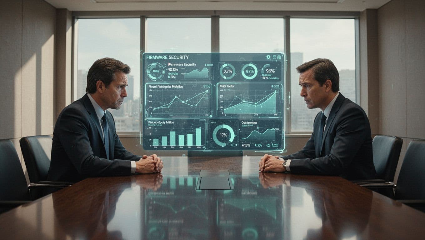 Three executives at boardroom table review charts and dashboard showing firmware security metrics with concerned expressions.