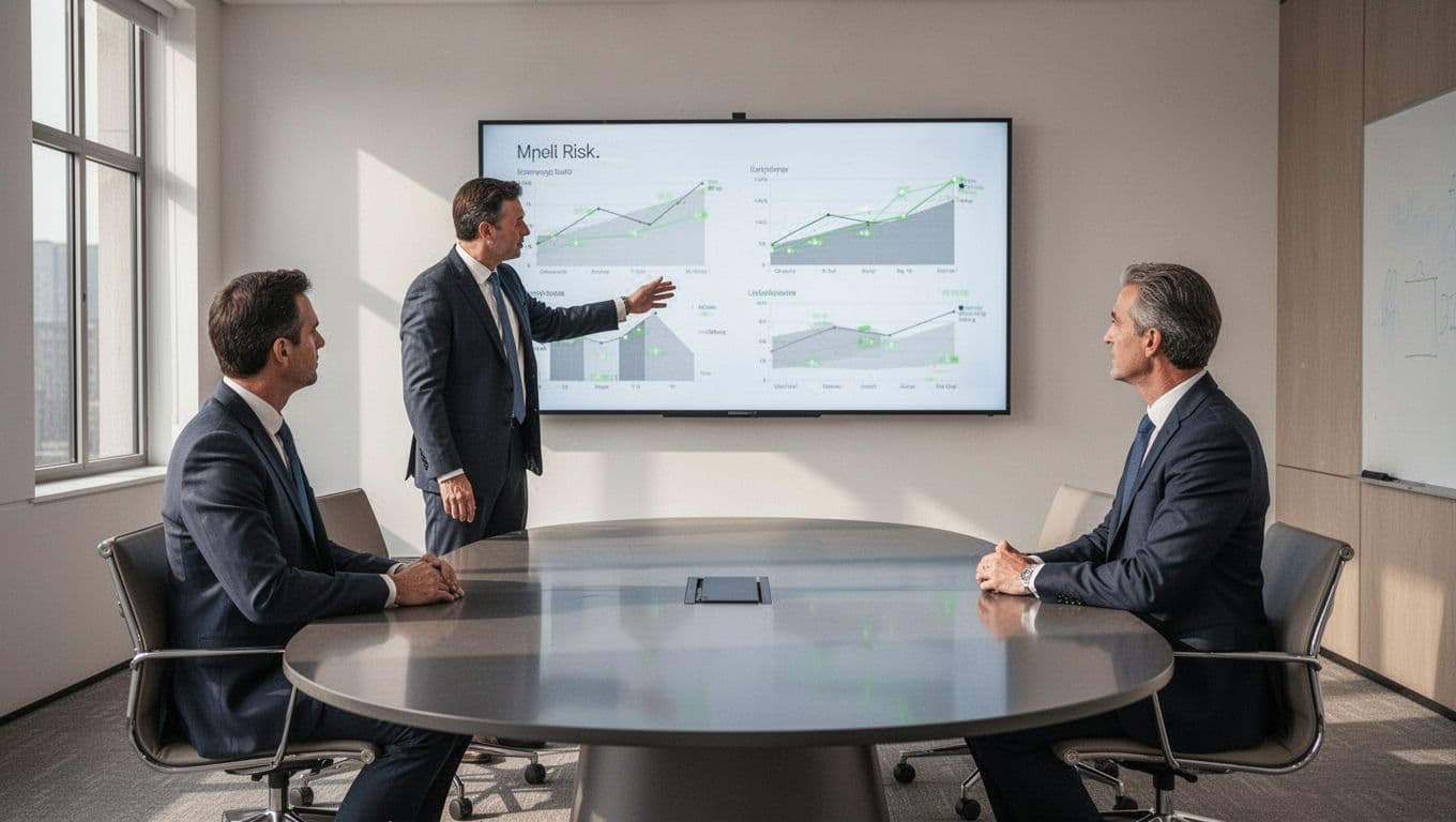 Four executives in boardroom review vendor risk and attack indicator charts on screen, one pointing at green-highlighted safe metrics.