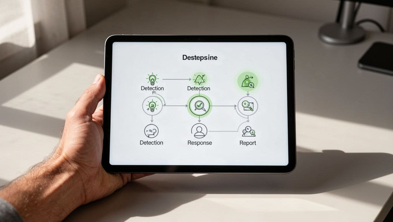 Hand holds tablet displaying flowchart of brand impersonation escalation steps with green highlights on alert and report.