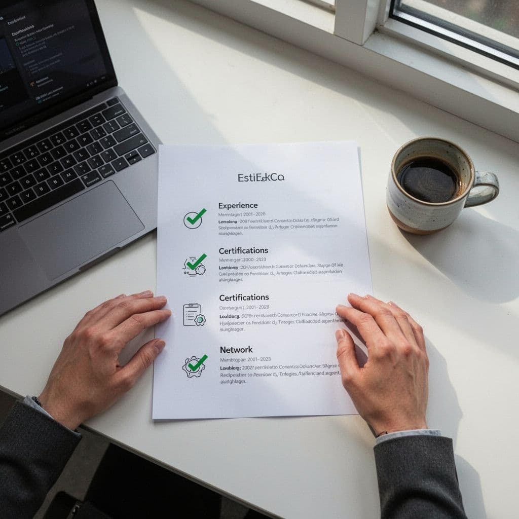 Top-down view of desk with checklist document, laptop, coffee mug, and relaxed hands showing green checkmarks and icons.