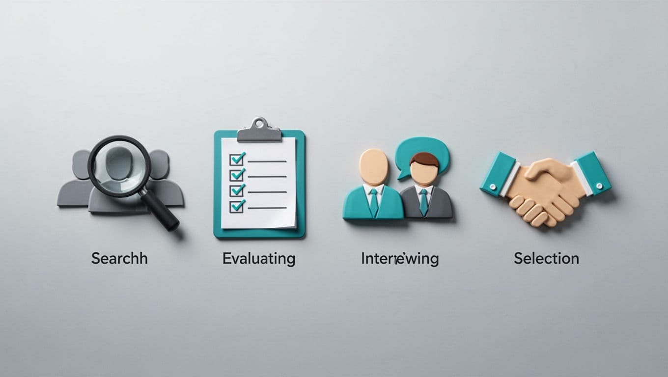 Four icons in landscape sequence show hiring: magnifying glass over profiles, checklist clipboard, two figures talking, handshake.