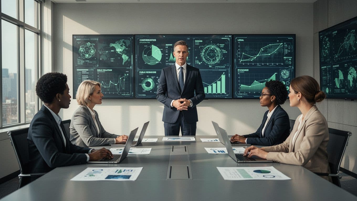 Breach coach in business attire coordinates three diverse team members around conference table with laptops and charts in modern command center.