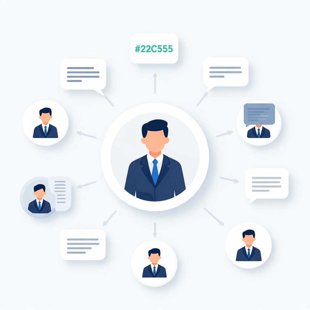 A professional coordinating team communication surrounded by digital icons and speech bubbles in a flat design style.