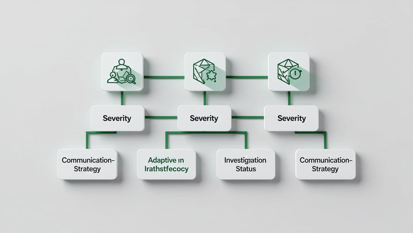 Flowchart diagram with low, medium, high severity levels branching to internal, notifications, and full disclosure strategies via adaptive paths.